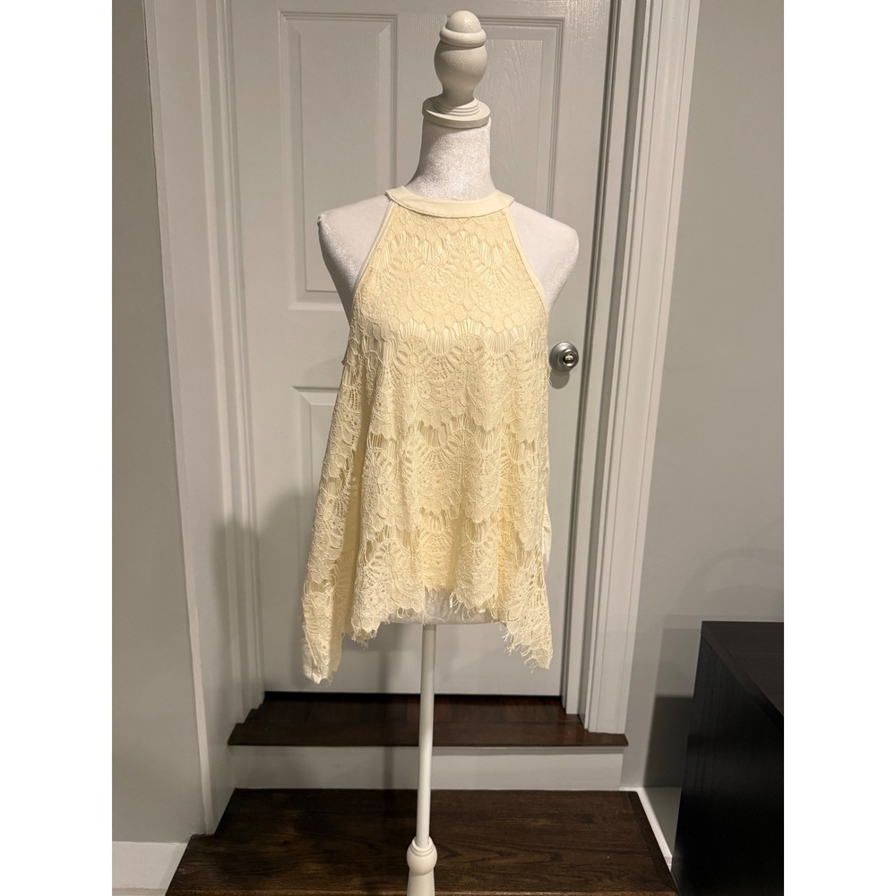 Three Pink Hearts Cream Lace Halter Tank Top Sleeveless Blouse Natural Small